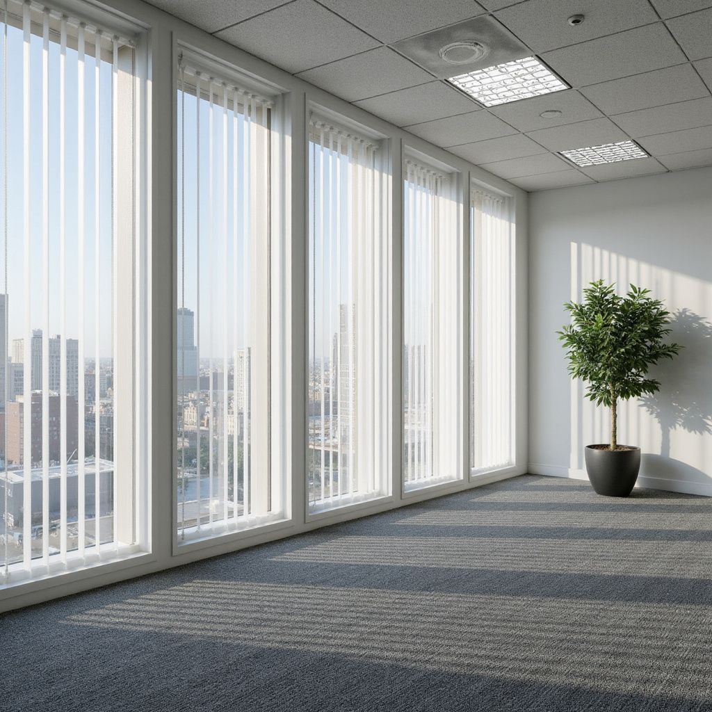Empty office space with large windows, city view, vertical blinds, potted tree, gray carpet.