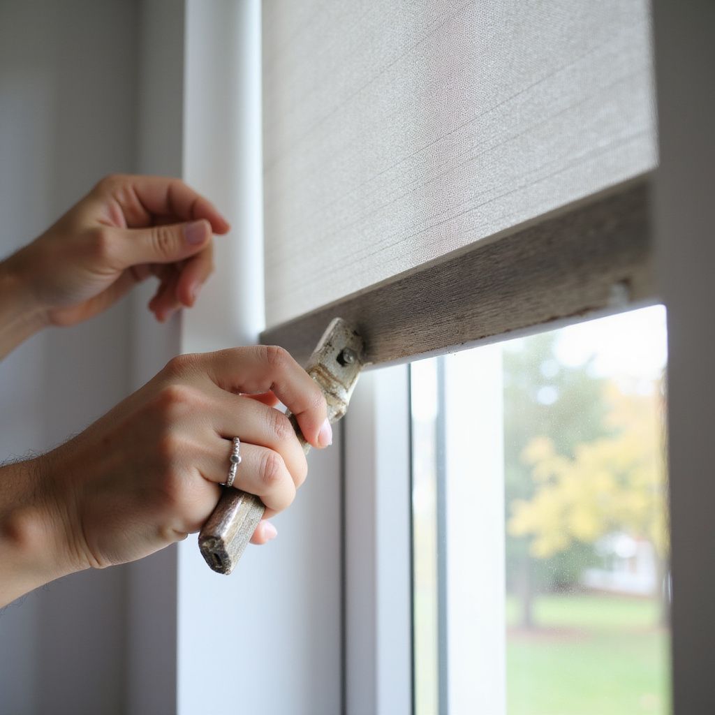 Hands adjusting a light beige roller shade over a window; daytime setting.
