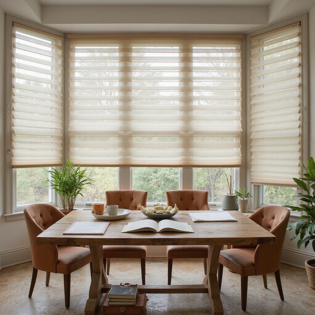 Dining room with a bay window, table, chairs, and blinds, with natural light and a view of greenery.