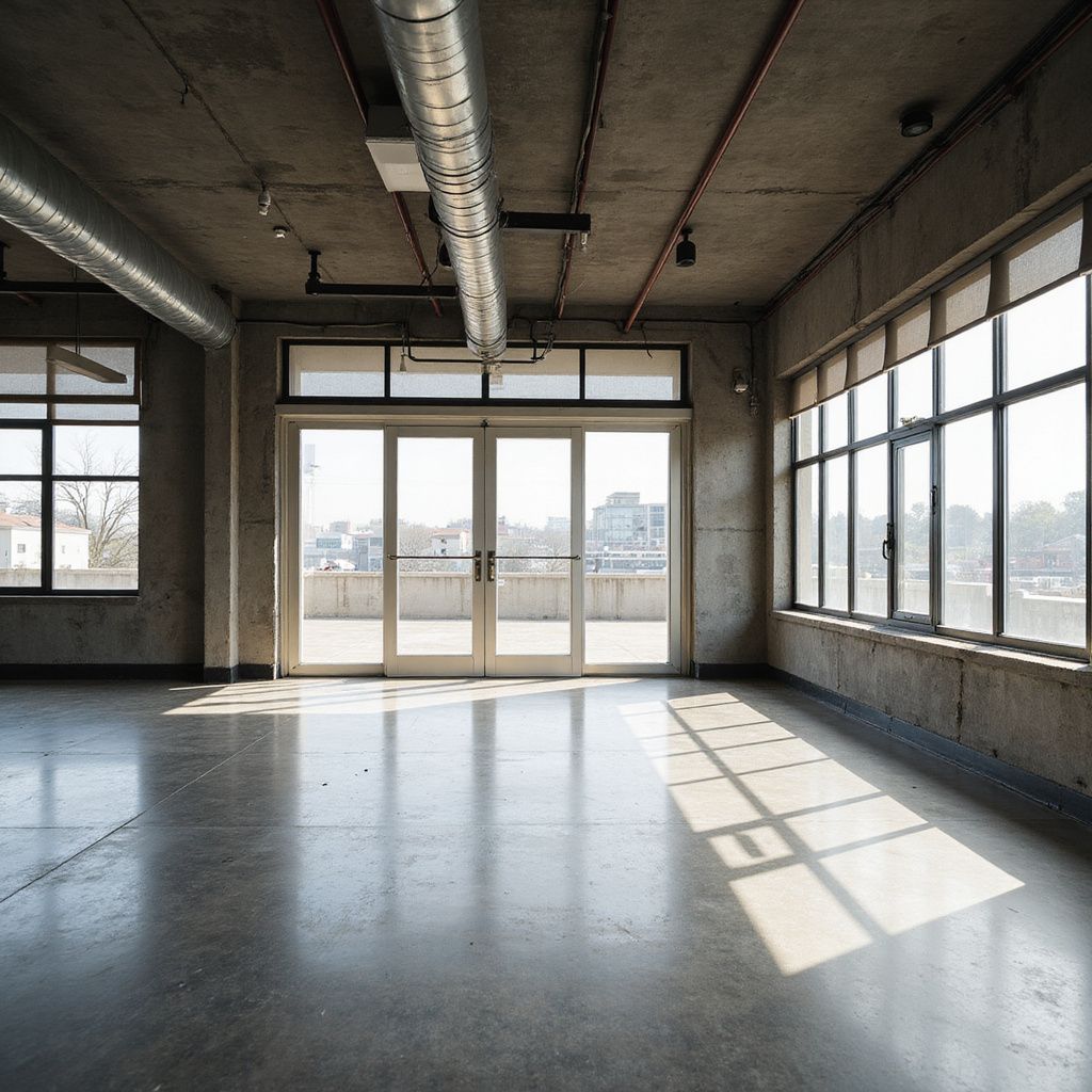 Empty industrial room with large windows, concrete floor, and exposed ceiling fixtures.
