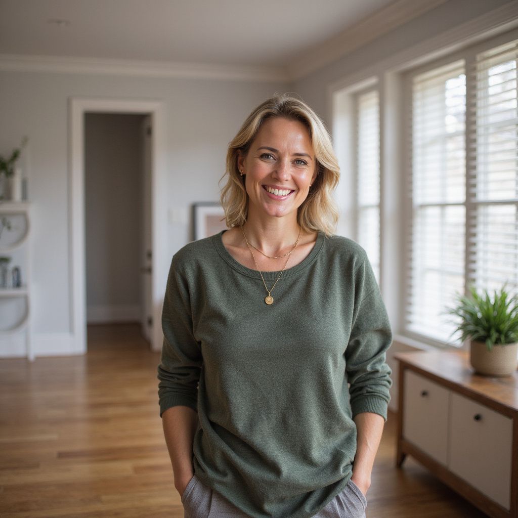 Woman in green sweater smiling, hands in pockets, in a sunlit room with wooden floor.