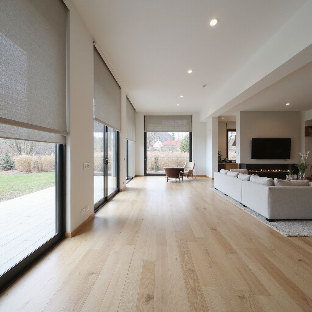Modern living room with light wooden floors, large windows, and a gray sofa.