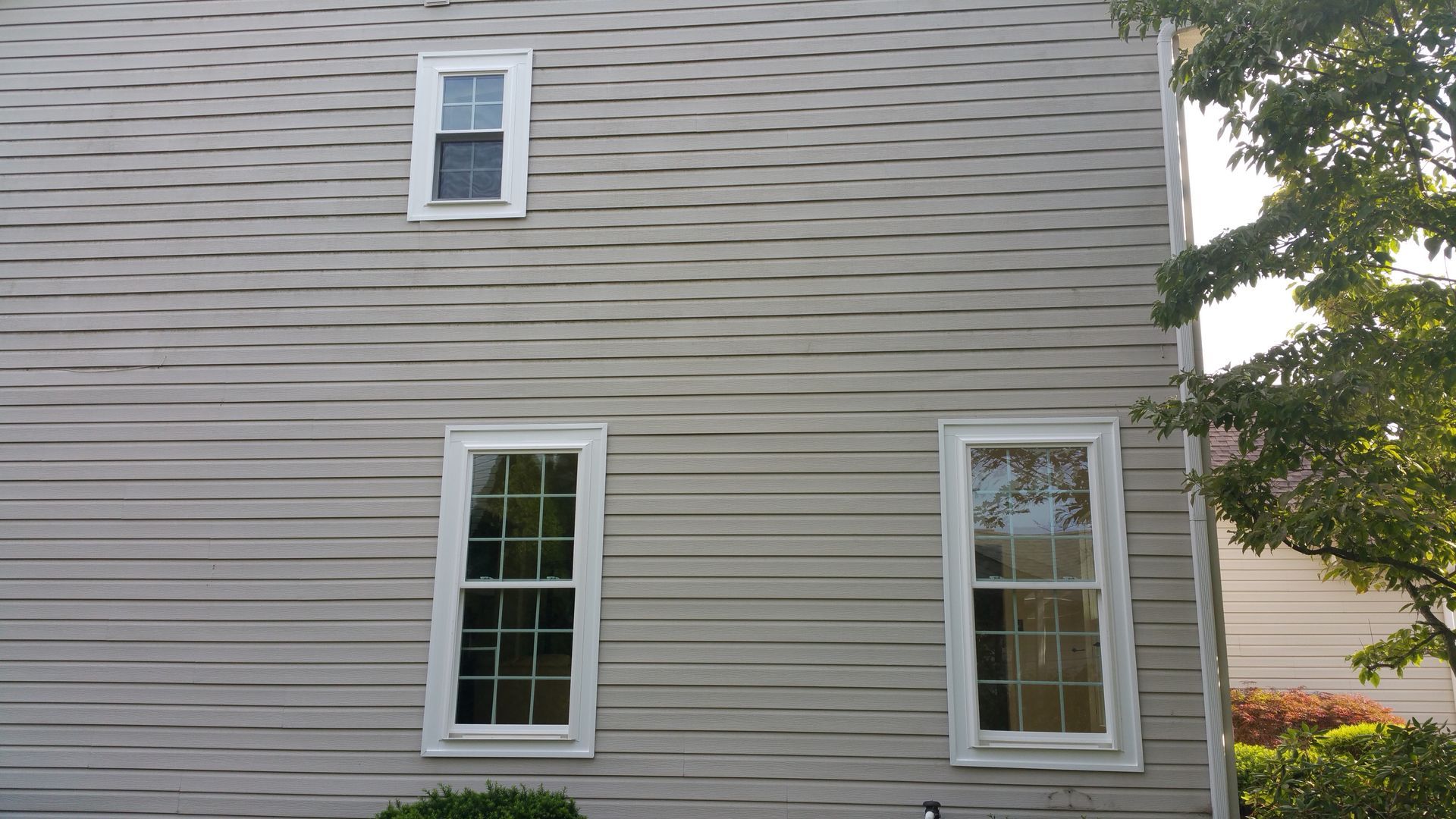A side view of a house with grey horizontal siding, three windows with white frames, and a green tree on the right.
