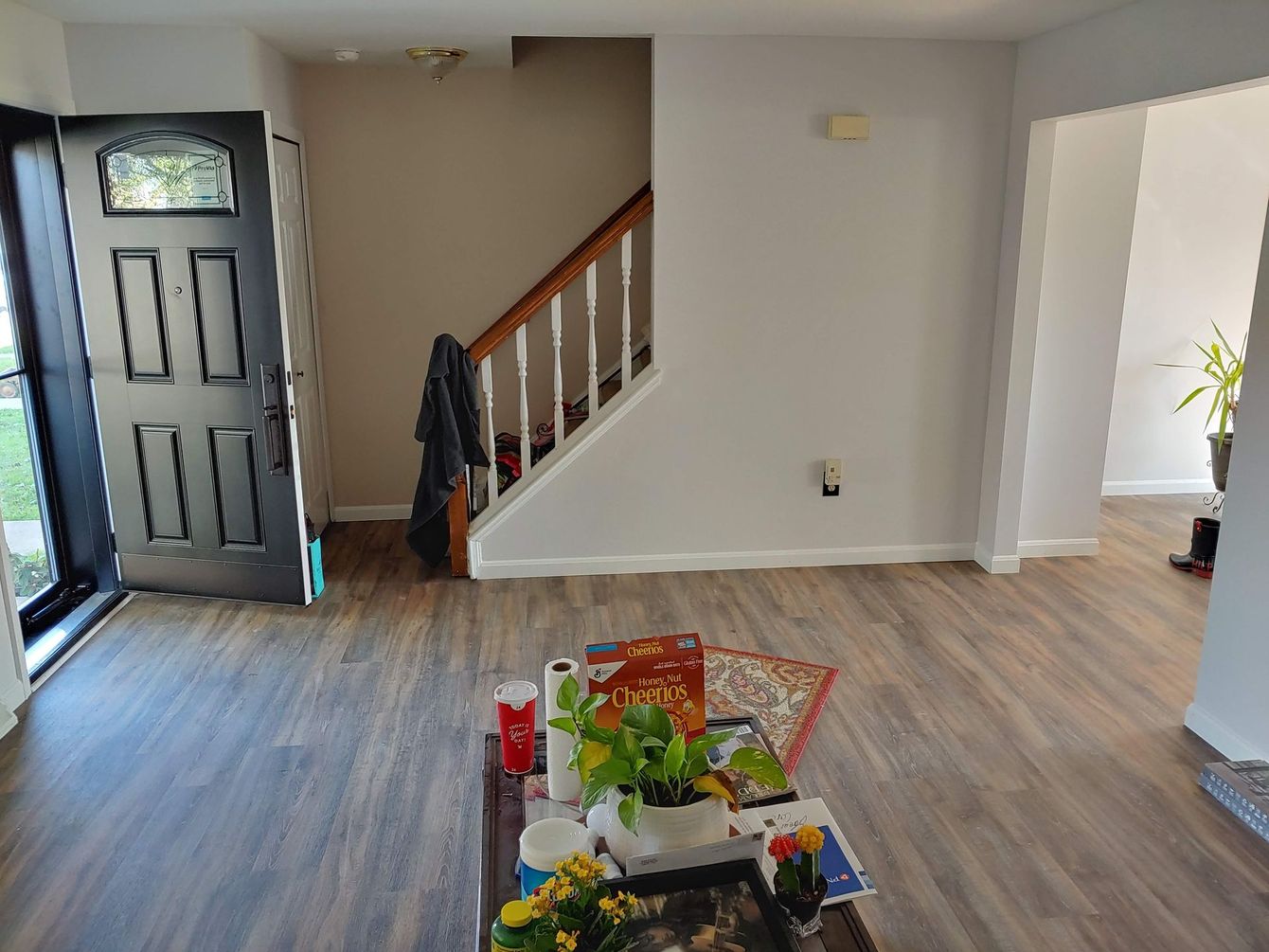 A living room with wood-look floors, a dark gray front door, a staircase with white railings, and a central table with plants.