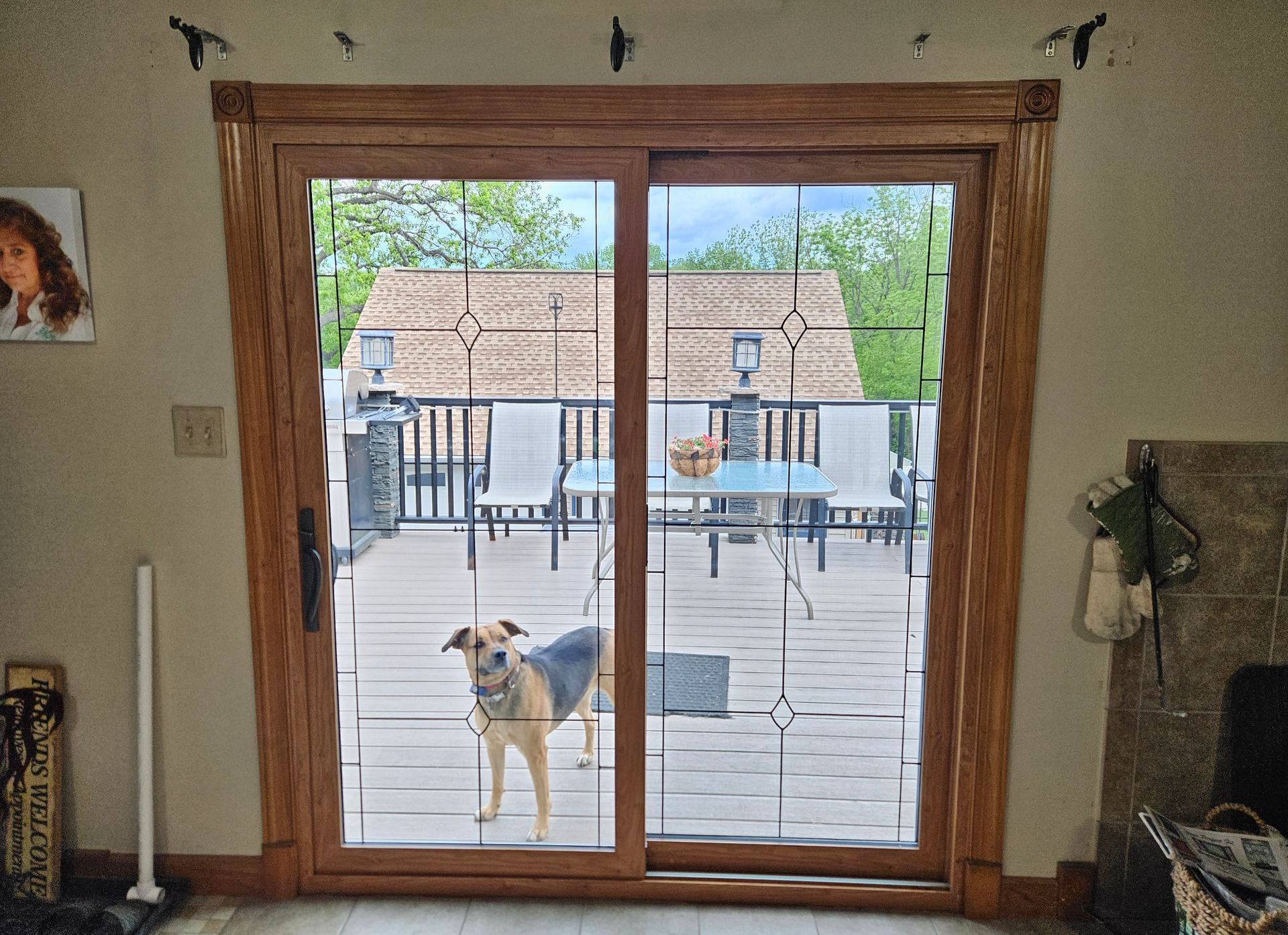 A dog standing on a wooden deck outside a glass sliding door with wood-grain trim.