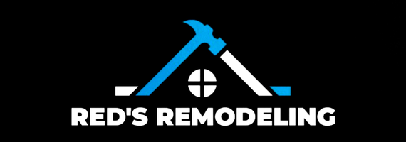 Logo for Red's Remodeling featuring a blue hammer integrated into a white house roof silhouette on a black background.