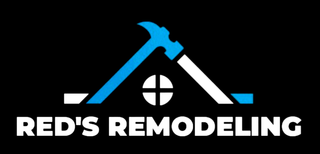 Logo for Red’s Remodeling featuring a stylized blue and white house roof and hammer icon over the company name.