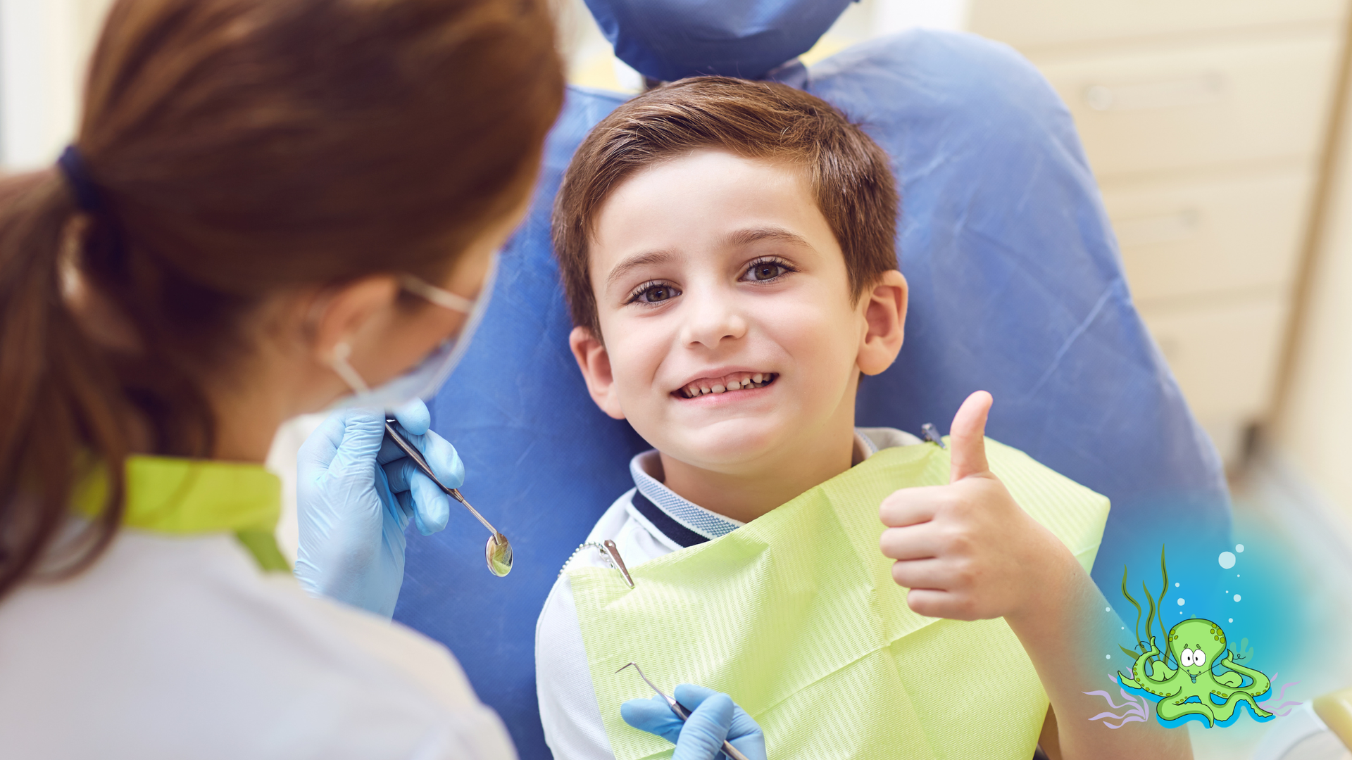 A young person in a dentist's chair gives a thumbs up, wearing a lime-green bib while a dentist prepares a tool.