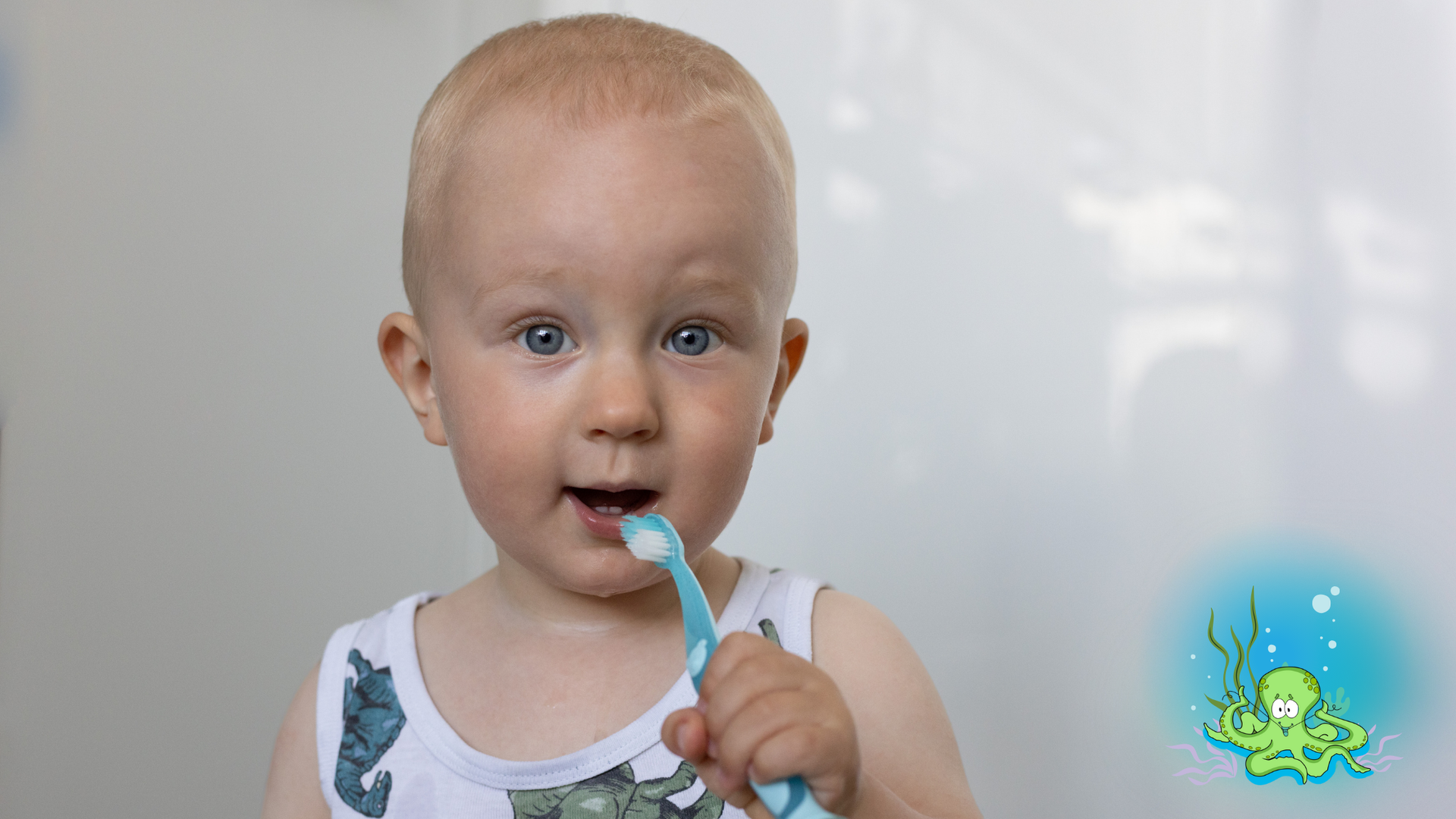 A young child brushing teeth with a blue toothbrush, smiling, in a bright setting.