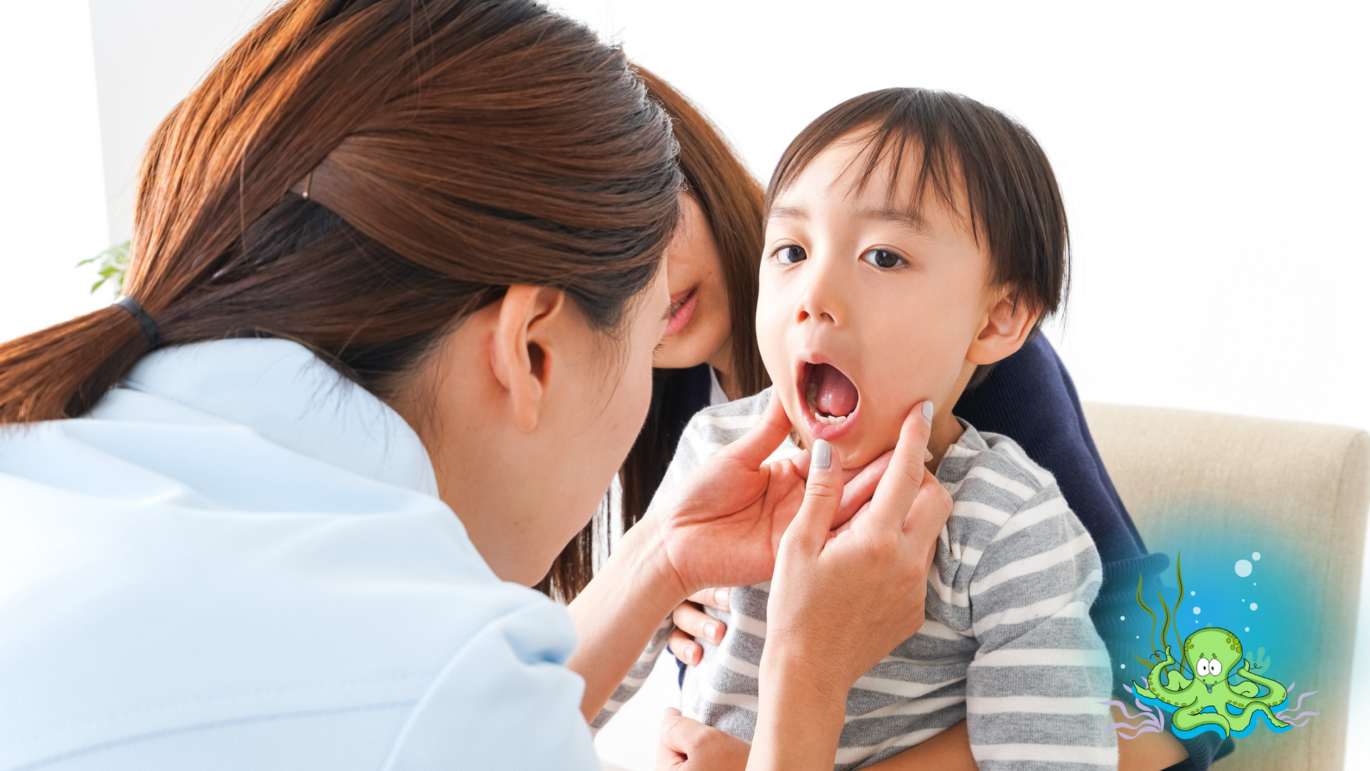 A dentist examining a young child's mouth in a bright room; the child is looking up, mouth open.