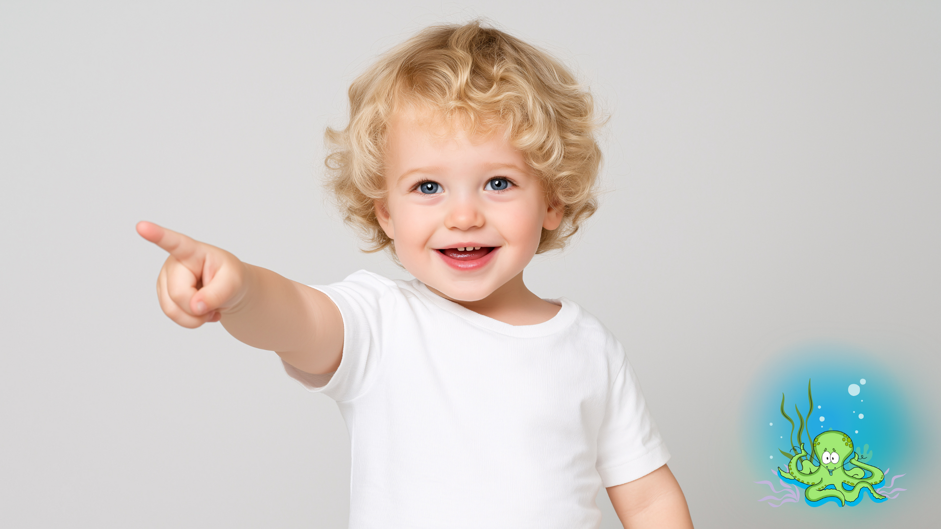 Blonde child pointing and smiling, with a cartoon octopus in a blue circle in the lower right corner.