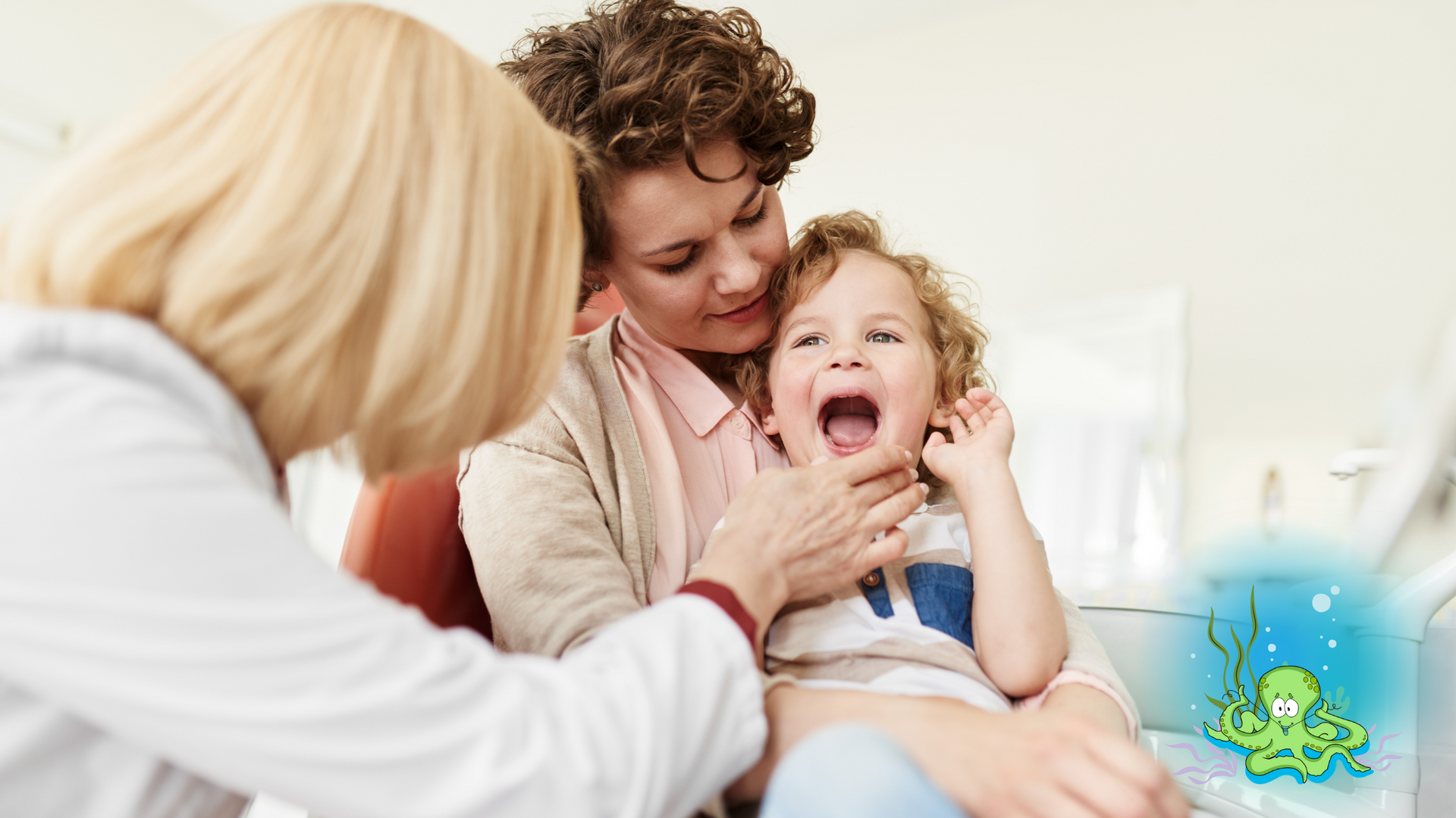 Dentist examining a young child's mouth while the child sits on a mother's lap. Cartoon octopus added to the scene.