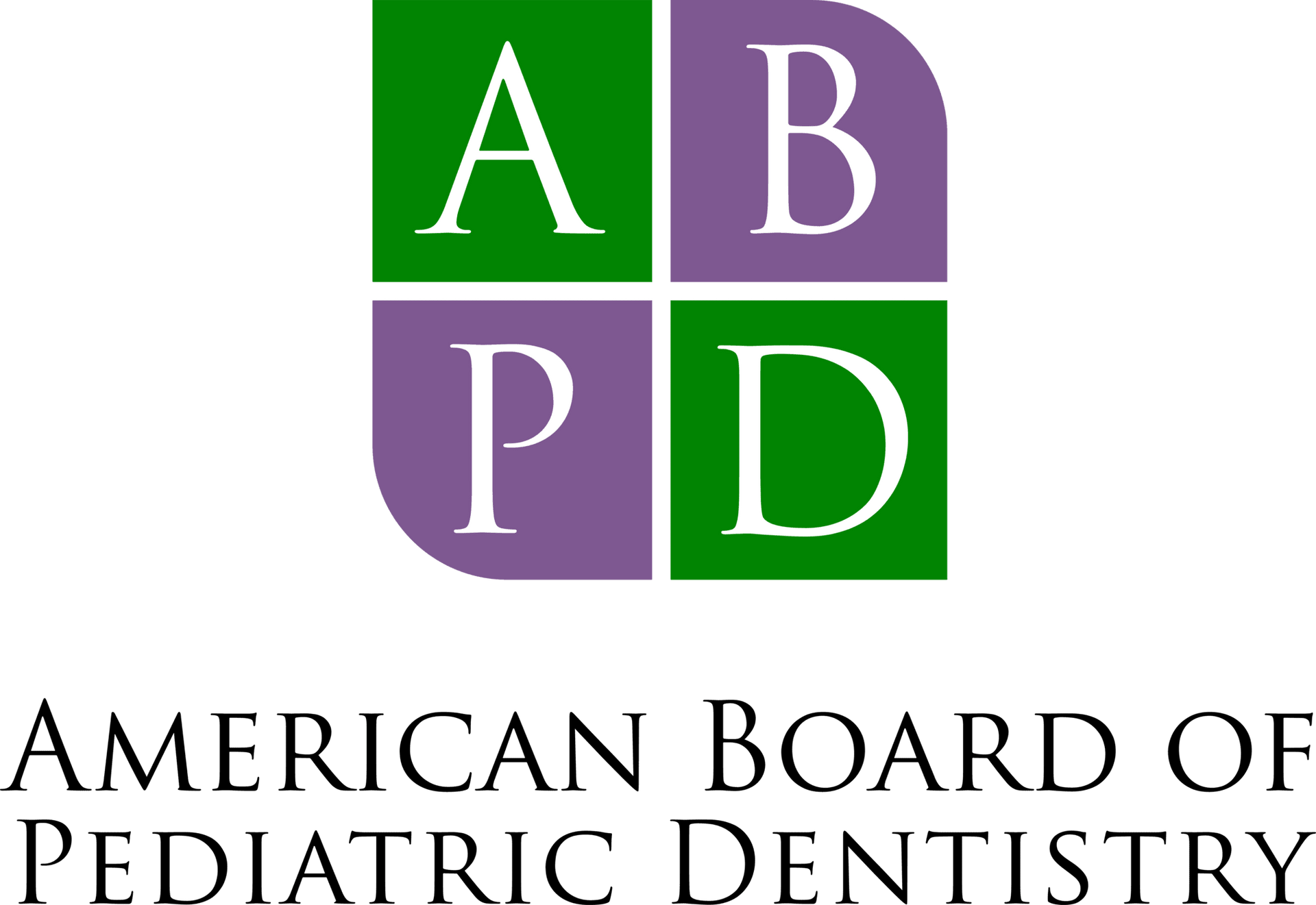 The logo for the american board of pediatric dentistry is green and purple.