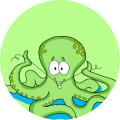 A cartoon octopus is sitting in a circle on a green background.