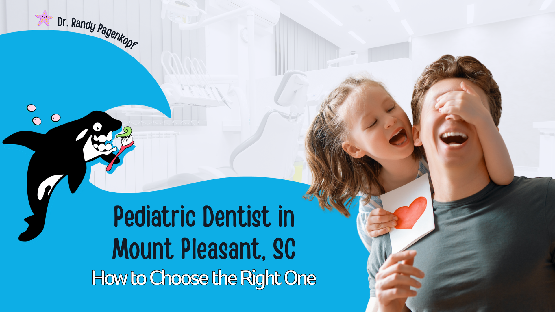 A child laughing while covering a person’s eyes, with text promoting a pediatric dentist in Mount Pleasant, SC.