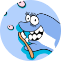 A cartoon shark is brushing its teeth with a toothbrush.