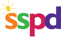A colorful logo for sspd with a sun in the background.