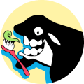 A cartoon whale is brushing its teeth with a toothbrush.