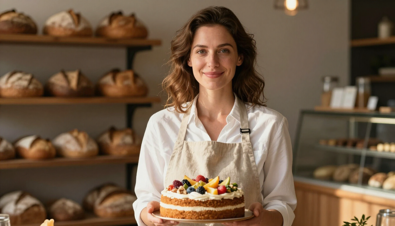Founder of Vegan Delight holding a vegan cake
