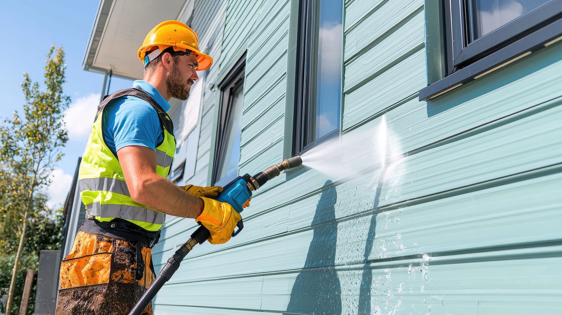 Man in safety gear power washing the blue siding of a house.