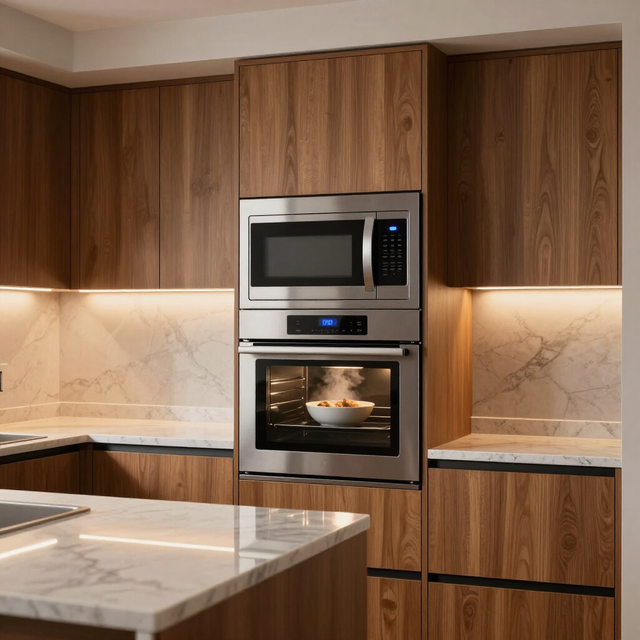 Modern kitchen with wood cabinets, marble counters, and built-in stainless steel microwave and oven