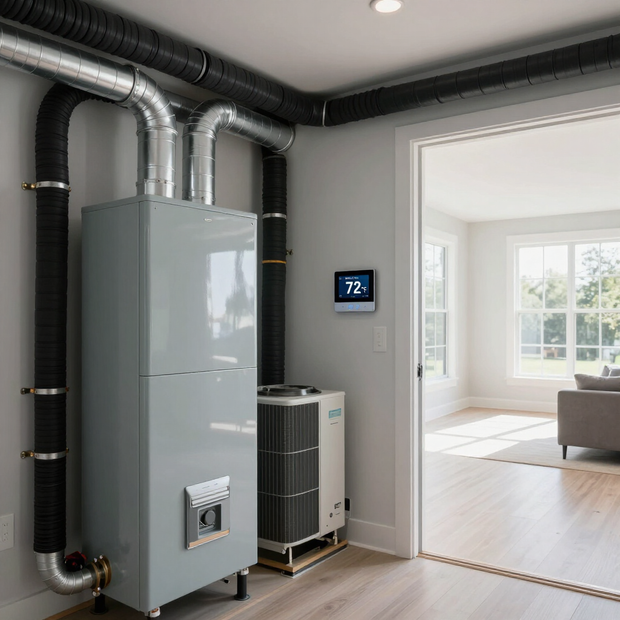 Modern home HVAC system with gray furnace, ductwork, and wall thermostat in a bright interior room