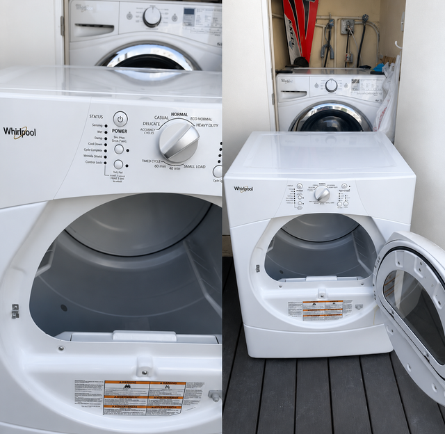 Collage of white front-loading washer and dryer machines, with open doors in a laundry room.