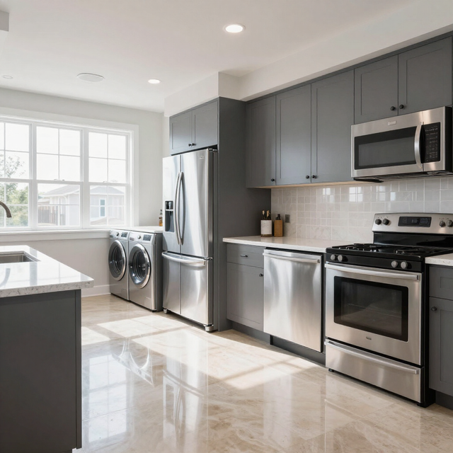 Modern kitchen with gray cabinets, stainless steel appliances, and a washer and dryer by a bright window