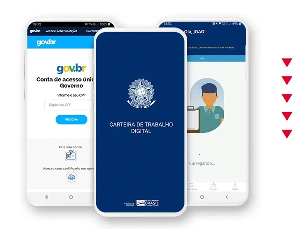 O desenho de 3 celulares com a imagem da carteira de trabalho digital na tela