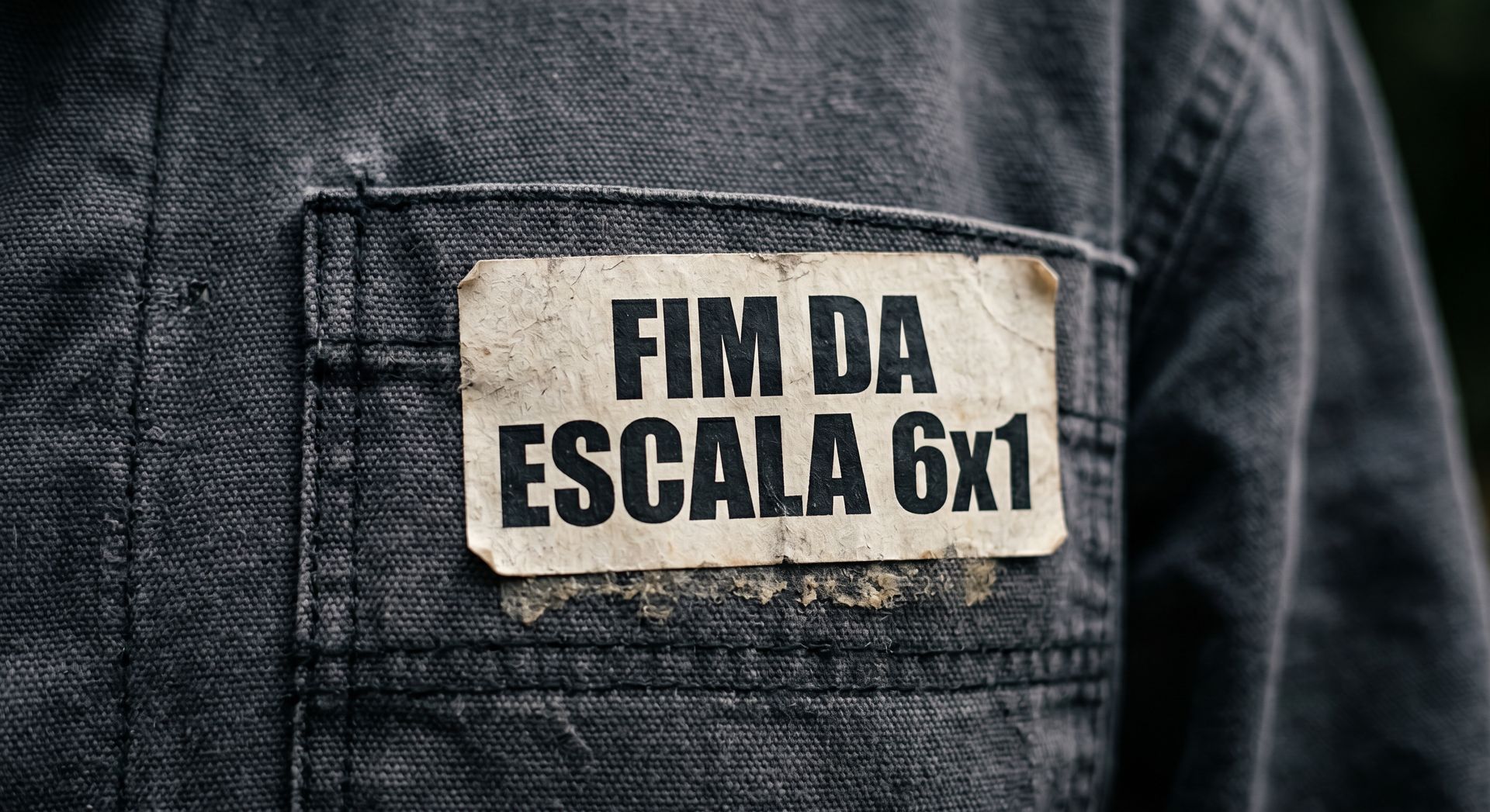 Close em um bolso de uma jaqueta jeans com uma frase que diz “FIM DA ESCALA 6x1” simbolizando o fim 