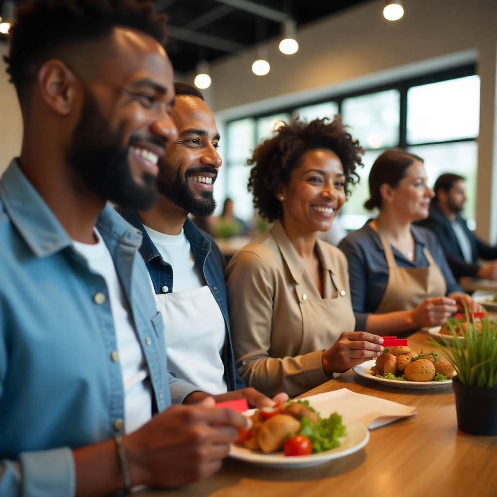 Um grupo de pessoas sentadas em um balcão, sorrindo enquanto almoçam em um restaurante moderno.