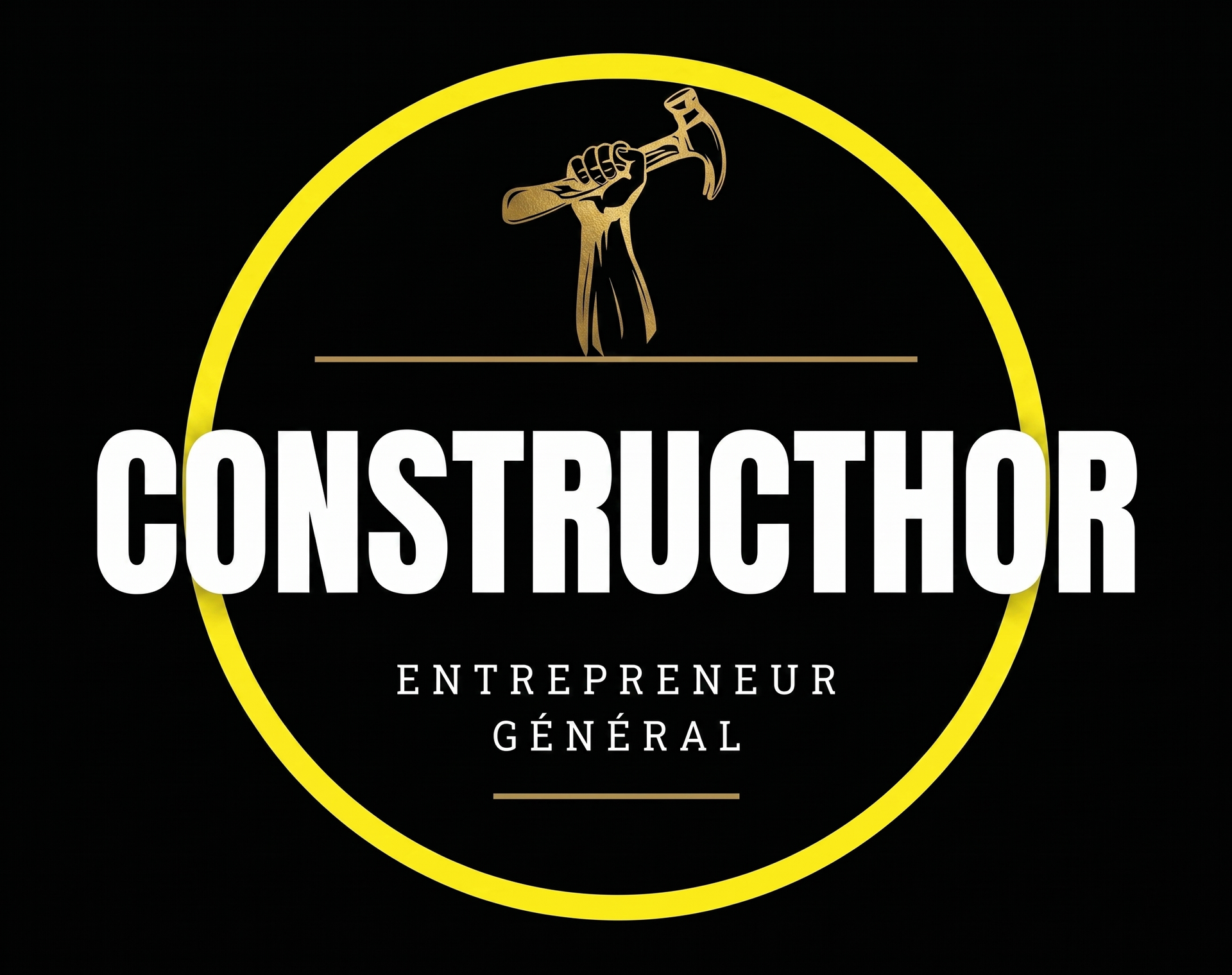 Logo noir avec cercle jaune, icône de marteau et texte « CONSTRUCTHOR » et « ENTREPRENEUR GENERAL »
