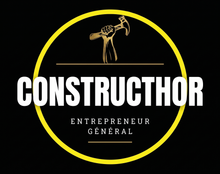 Logo noir avec cercle jaune, icône de marteau et texte « CONSTRUCTHOR » et « ENTREPRENEUR GENERAL »