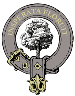 Circular gray crest with Latin text, tree in center, and ornate gold decorative elements at bottom