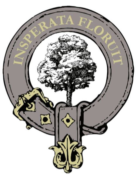 Circular gray crest with Latin text, tree in center, and ornate gold decorative elements at bottom
