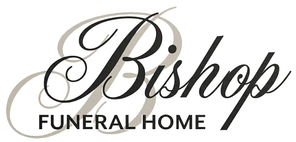 Bishop Funeral Home logo with elegant black script and gray oval flourish on white background