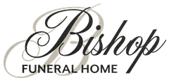 Bishop Funeral Home logo with elegant black script and gray oval flourish on white background