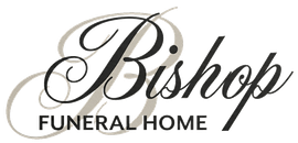 Bishop Funeral Home logo with elegant black script and gray oval flourish on white background