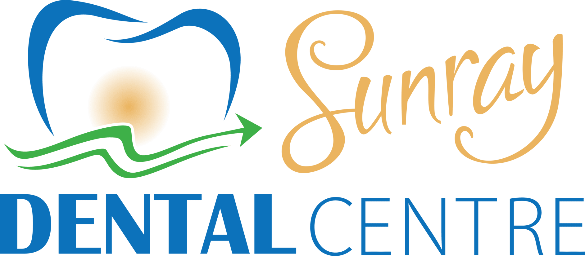 A logo for Sunray Dental Centre with a tooth and an arrow