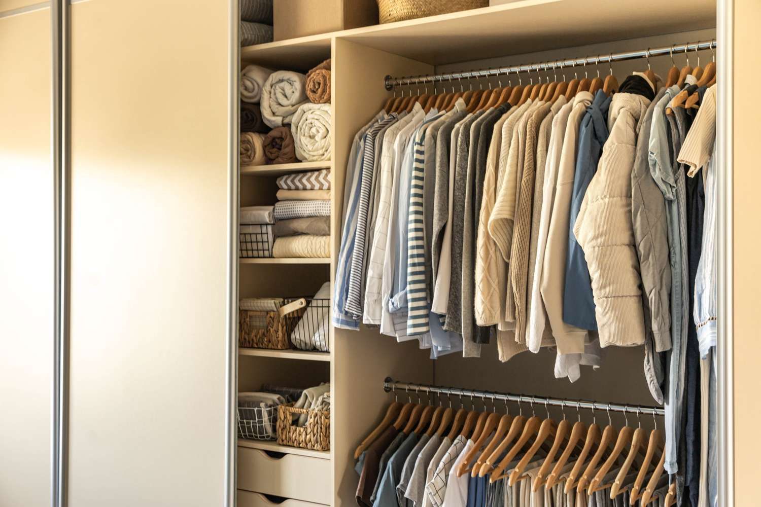Organized closet with hanging clothes, folded textiles on shelves, and sliding doors. 
