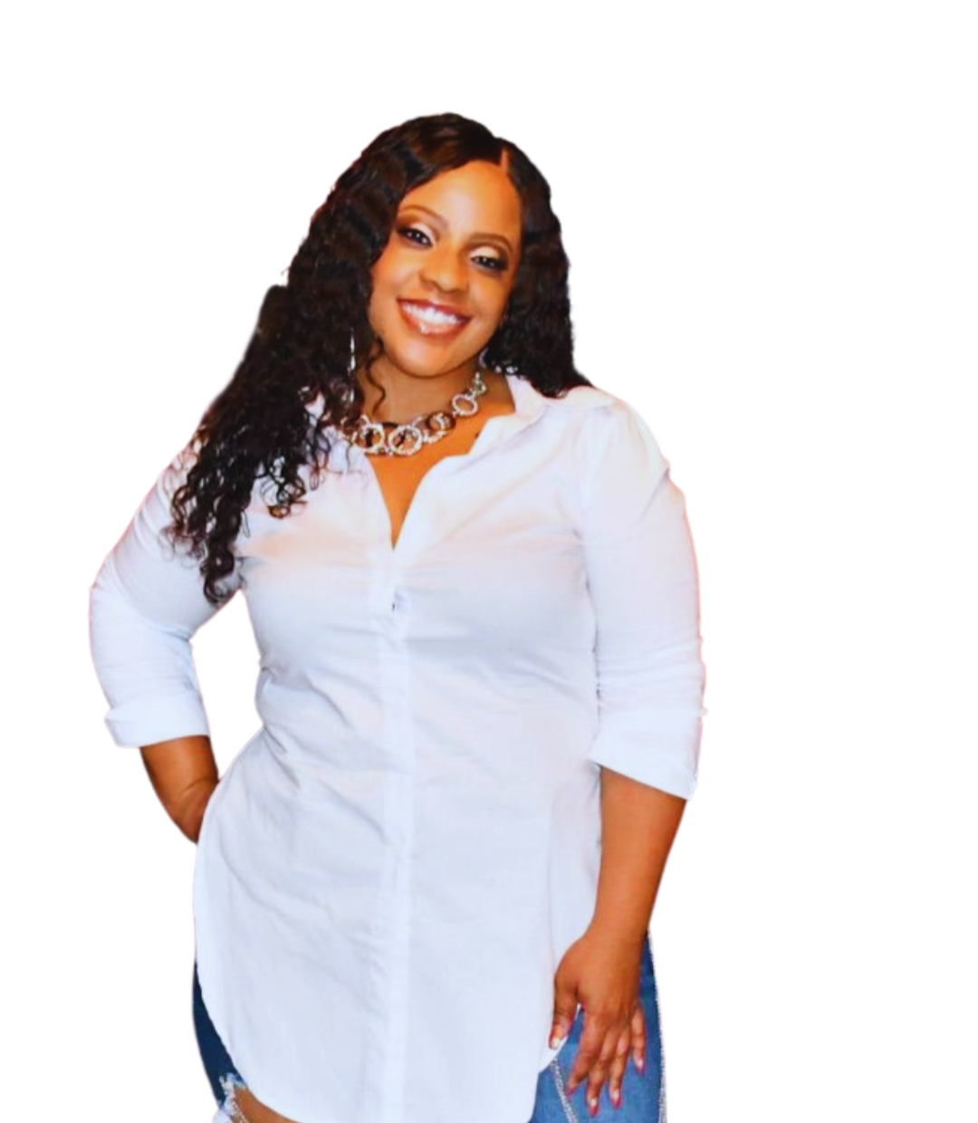 A woman wearing a white shirt and a necklace is smiling