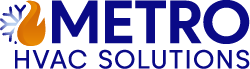 The logo for metro hvac solutions is blue and orange.