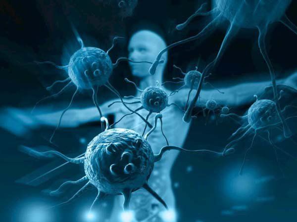 A computer generated image of a person surrounded by bacteria.