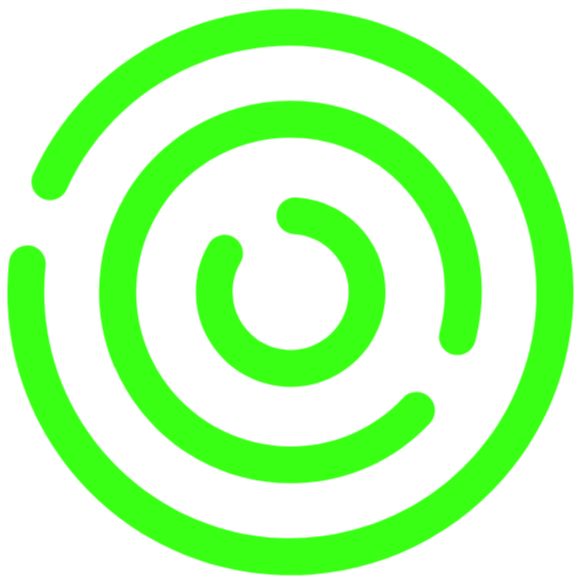 Bright green concentric spiral logo on a white background