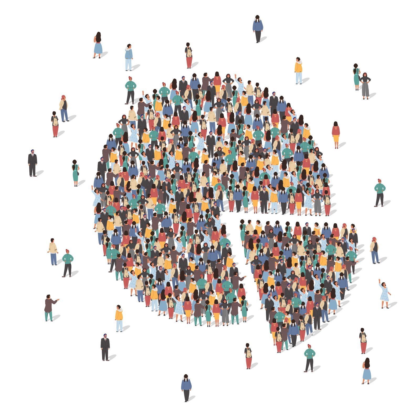 a large group of people are standing in the shape of a pie chart with ranging demographics.
