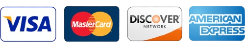 Logos for Visa, MasterCard, Discover Network, and American Express credit cards.