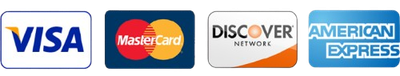 Logos for Visa, MasterCard, Discover Network, and American Express credit cards.
