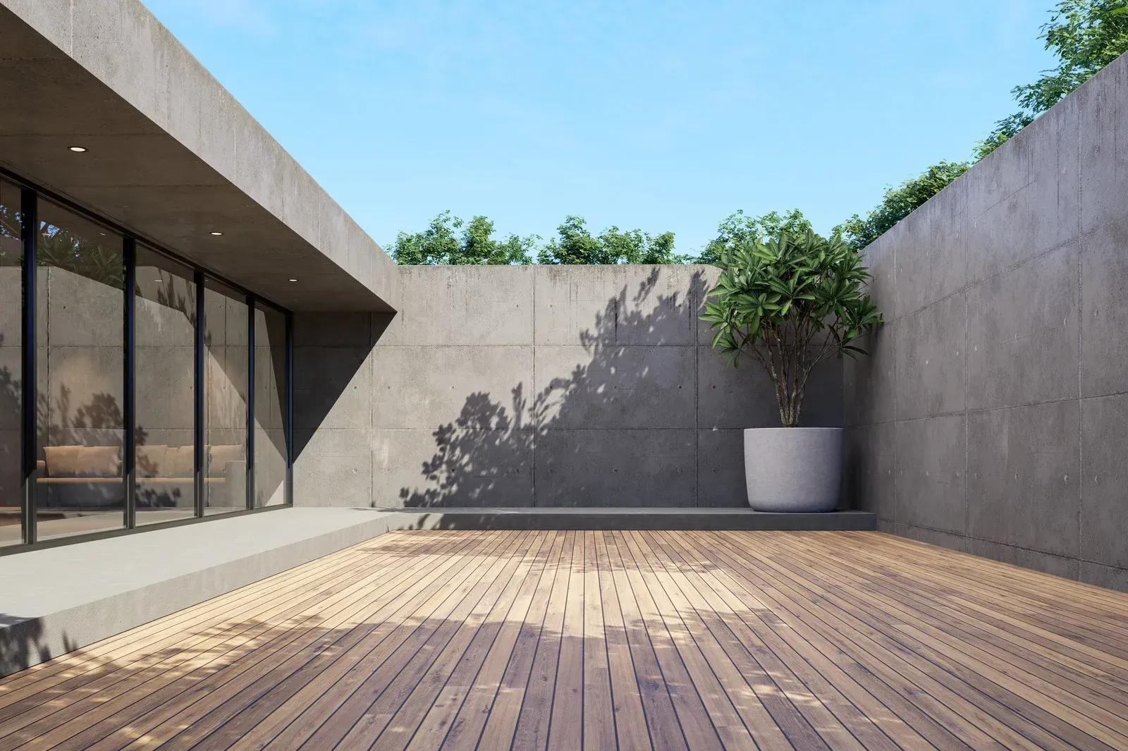 Modern courtyard with wood deck, concrete walls, large windows, and a potted tree.