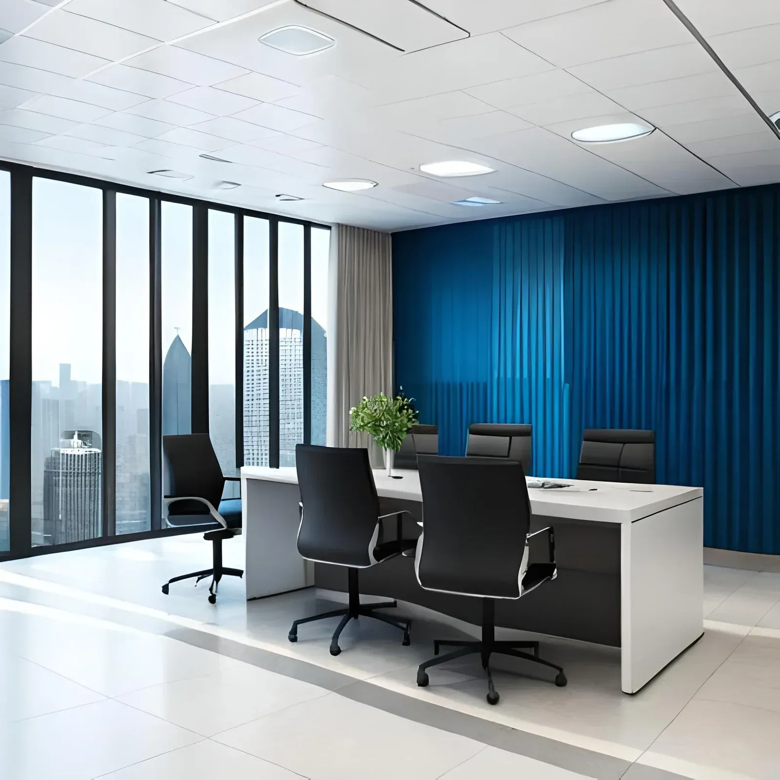 Modern office conference room with black chairs, white desk, blue accent wall, and city view windows