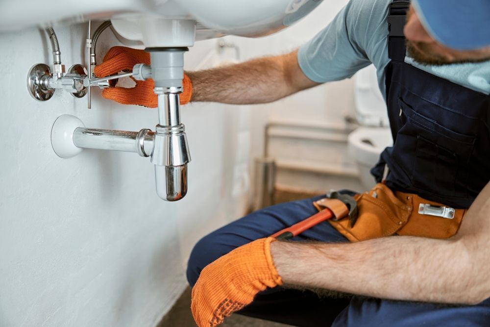 Plumber in Orange Gloves Working Under a Bathroom Sink with A Wrench — Harwood Plumbing & Gasfitting Pty Ltd in Alawa, NT